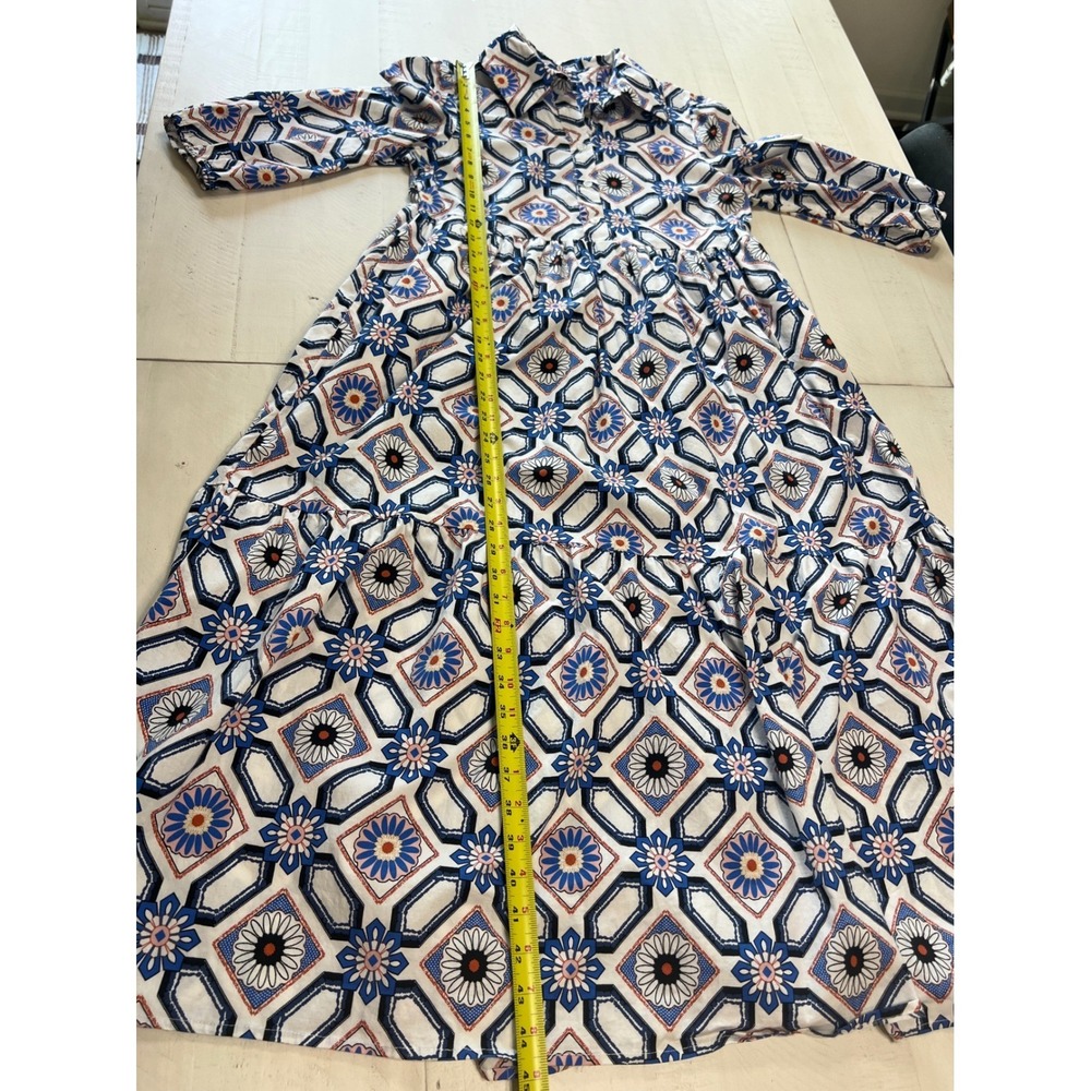 Grace + Karma Womens Blue Geometric Floral Tiered Midi Button Down Dress Small - Picture 6 of 6